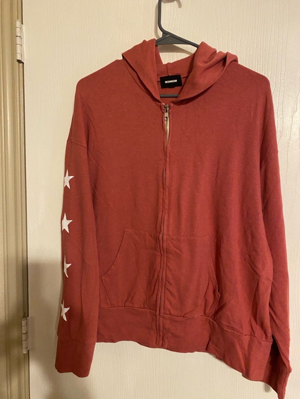 Monrow Brick Red Zip Hoodie with White Star Sleeve